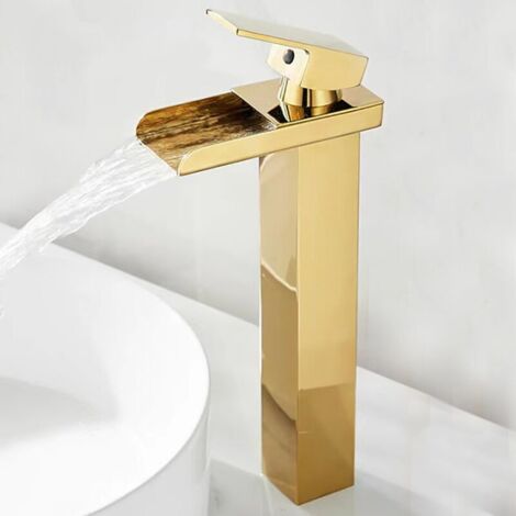 Mitigeur de lavabo cascade noir, robinet salle de bain avec haut bec cascade. Design moderne en laiton, fonction eau chaude et froide, finition noire mate et élégante.