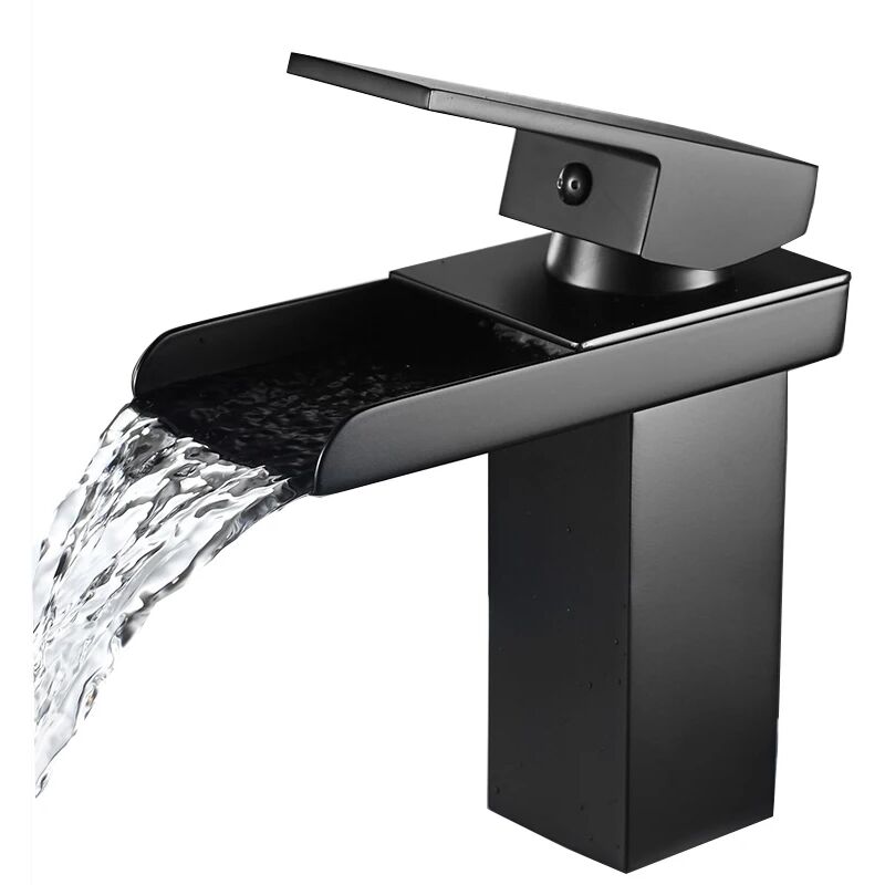 Mitigeur de lavabo Cascade Robinet Salle Bain Noir Chromé Robinet Lavabo en Laiton Monotrou Sur Plage Robinetterie Salle de Bains Design Elégant