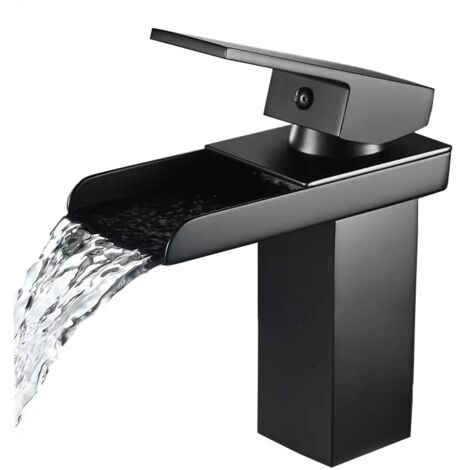 Mitigeur de lavabo Cascade Robinet Salle Bain Noir Chromé Robinet Lavabo en Laiton Monotrou Sur Plage Robinetterie Salle de Bains Design Elégant
