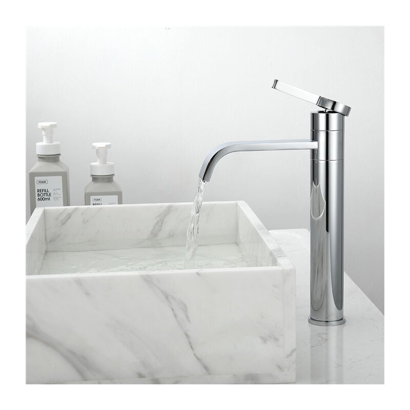 Mitigeur de Lavabo Cascade Robinet Salle de Bain Haut Bec Pivotant 360° Robinet en Laiton Chromé pour Vasque Design Moderne pour Salle de Bain