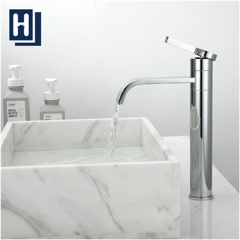 Mitigeur de Lavabo Cascade Robinet Salle de Bain Haut Bec Pivotant 360° Robinet en Laiton Chromé pour Vasque Design Moderne pour Salle de Bain