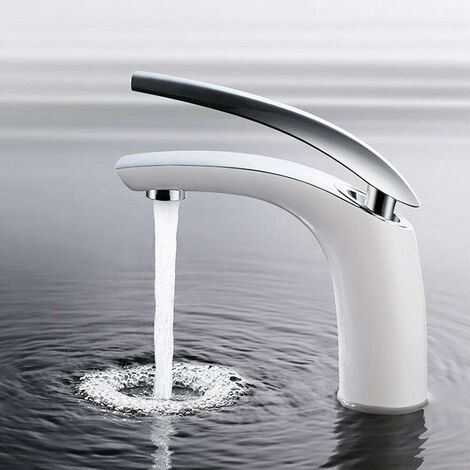 Mitigeur de lavabo chromé blanc, Mitigeur de lavabo de salle de bain moderne Mitigeur d'eau chaude/froide avec corps de robinet en laiton, finition chromée blanche