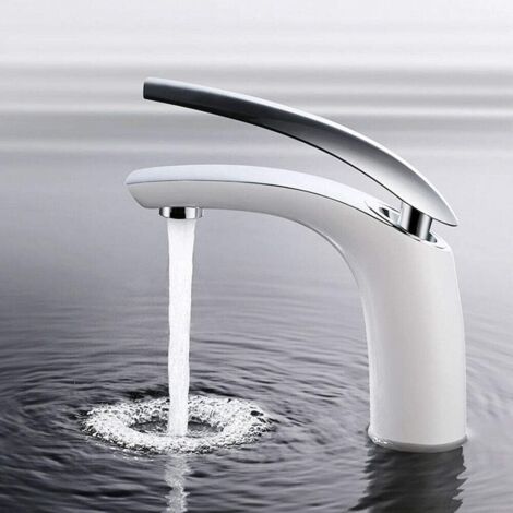Mitigeur de lavabo chromé blanc, Mitigeur de lavabo de salle de bain moderne Mitigeur d'eau chaude/froide avec corps de robinet en laiton, finition chromée blanche