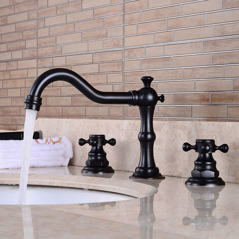 Mitigeur de lavabo de salle de bain en laiton massif Robinet d'évier de cuisine en bronze huilé Robinet à double poignées Robinet de lavabo monté sur le pont-noir