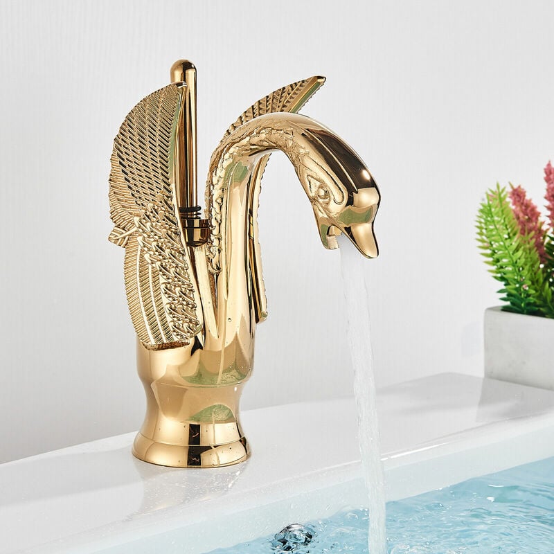 Mitigeur de Lavabo Doré Laiton Massif Mitigeur Robinet Lavabo Salle de Bain Robinet De Pont Monté Zamery