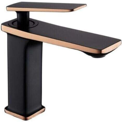 Mitigeur de lavabo en cuivre pur - Noir avec or rose, mitigeur d'eau chaude et froide pour lavabo domestique