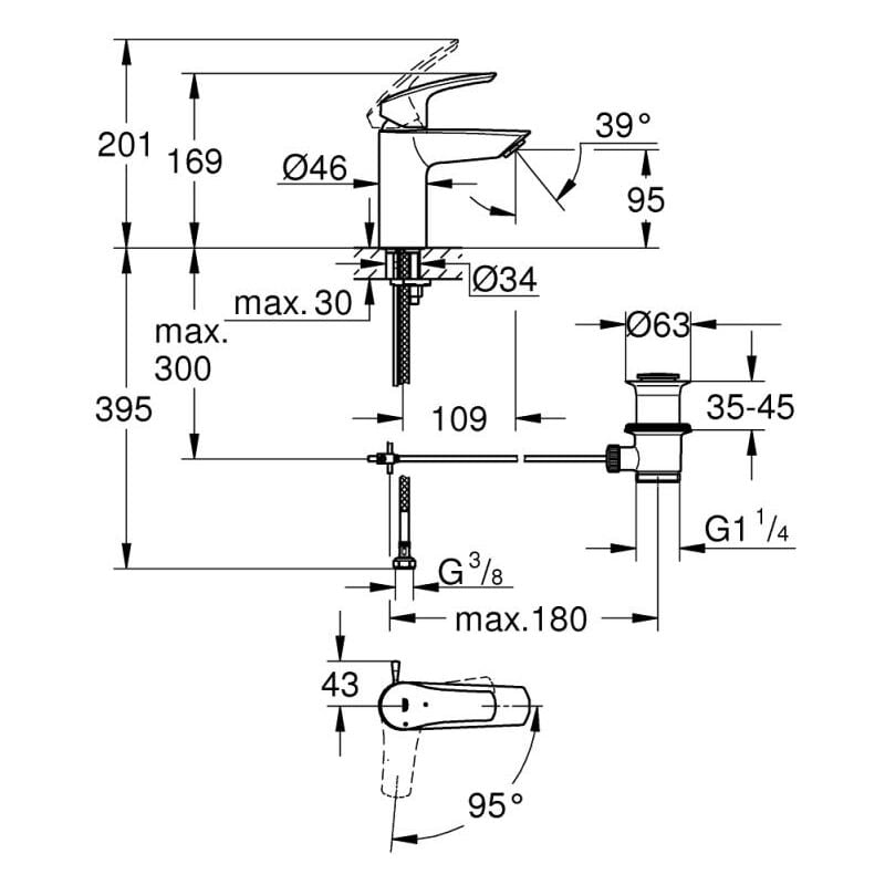 Grohe - Mitigeur de lavabo Eurosmart taille s CH3 noir