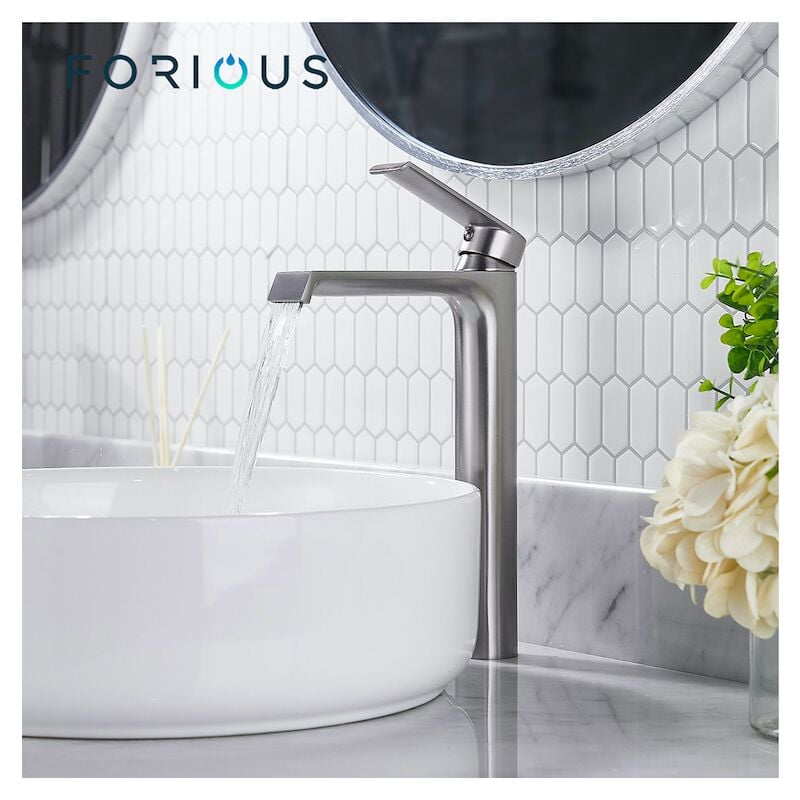 Forious - Mitigeur de Lavabo Haut Robinet Salle de Bain Cascade en Laiton Nickelé Argent