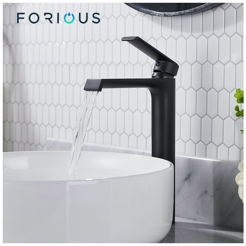 Forious - Mitigeur de Lavabo Haut Robinet Salle de Bain Cascade en Laiton Dépoli Noir