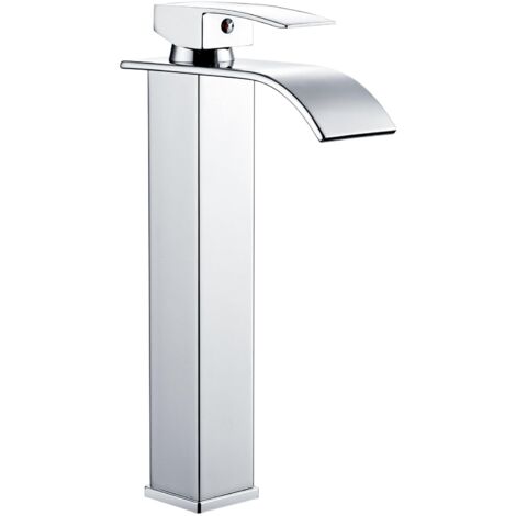 Mitigeur de lavabo haut, mitigeur cascade sur plan, robinet carré haut, monobloc, en acier inoxydable chromé avec flexibles G1/2", installation monotrou.