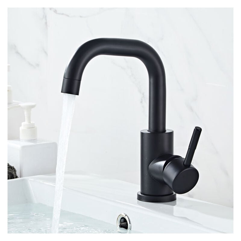 Shmshng - Mitigeur de lavabo noir avec aérateur amovible, pivotant à 360°, mitigeur de salle de bain en laiton, hauteur 201 mm, eau chaude et froide