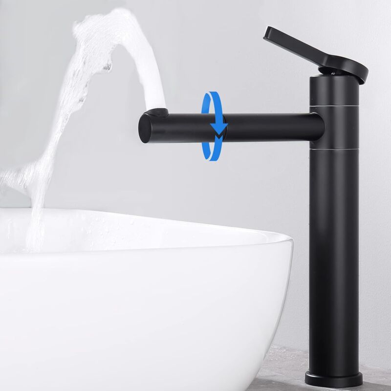 Gotrays - Mitigeur de lavabo noir orientable à 360° Mitigeur de lavabo en acier inoxydable Mitigeur de salle de bains (Hauteur 30 cm)