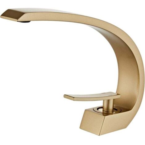 Mitigeur de lavabo pour salle de bain doré brossé, Robinet de Lavabo cascade, Robinet Mitigeur Lavabo Monotrou en Laiton, Moderne Robinet Salle de Bain