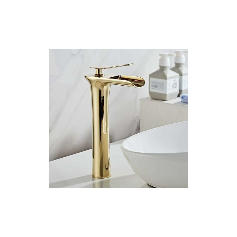 Mitigeur de lavabo Robinet cascade haut pour lavabo de salle de bain Doré