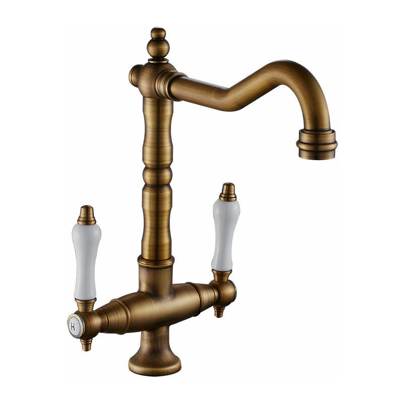 Mitigeur de lavabo Robinet de cuisine antique, pivotant à 360 °, robinet d'évier à deux poignées, mitigeur haute pression, bec haut en laiton