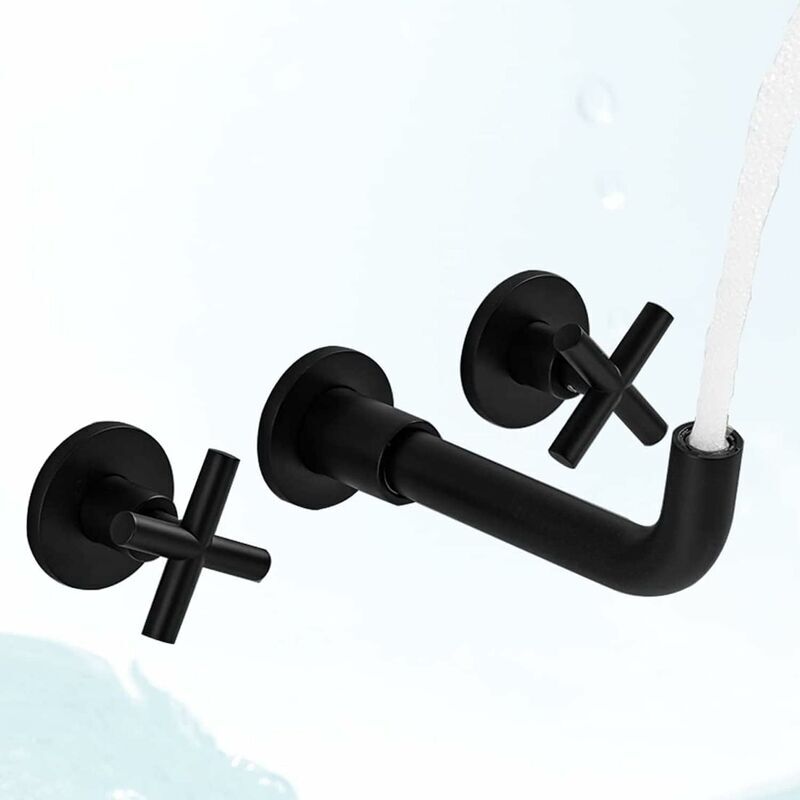 Mitigeur de lavabo Robinet de salle de bain mural noir mat mitigeur de lavabo en laiton à double poignée avec valve brute incluse