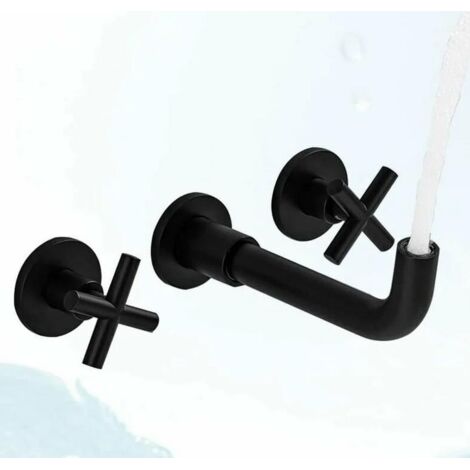 Mitigeur de lavabo Robinet de salle de bain mural noir mat mitigeur de lavabo en laiton à double poignée avec valve brute incluse
