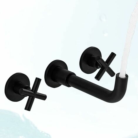 Mitigeur de lavabo Robinet de salle de bain mural noir mat mitigeur de lavabo en laiton à double poignée avec valve brute incluse thsinde