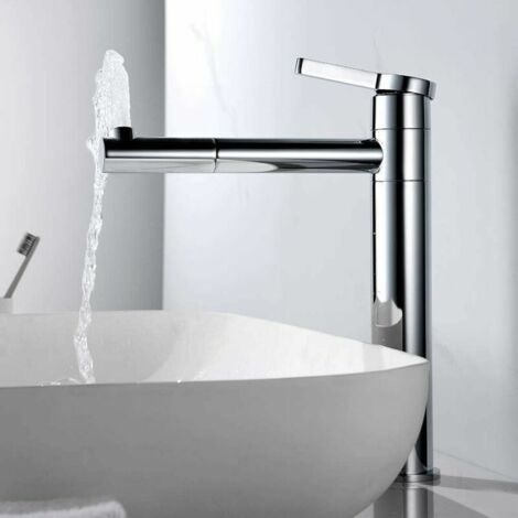 Mitigeur de lavabo Robinet pour Lavabo, Robinet Mitigeur Lavabo Haut de Salle de Bains avec Bec Haut 229 mm et Rotatif à 360°, Mitigeur avec Raccordement Eau Froide/Chaud 50 cm, Laiton chromé, Argent