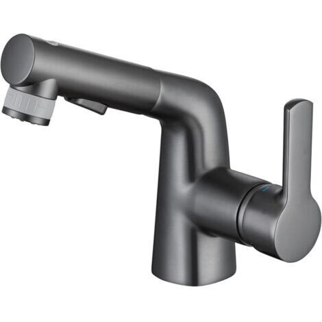 Mitigeur de salle de bain avec douchette extractible, double commande eau chaude/eau froide, mitigeur lavabo monocommande extractible, noir et gris mat