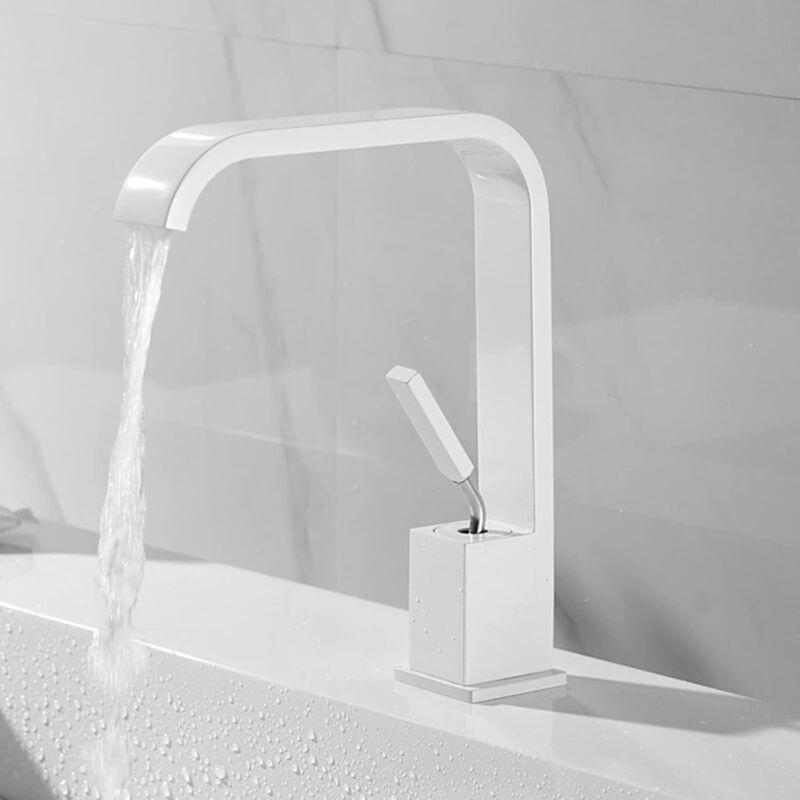 Mitigeur de salle de bain cascade, laiton, eau chaude et froide, trou unique, bec cascade, poignée unique, lavabo de salle de bain blanc (blanc)