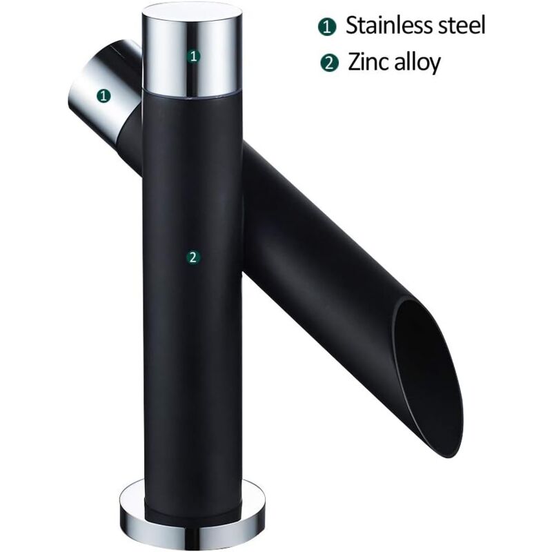 Gotrays - Mitigeur de salle de bain en noir mat pour éviers cascade Mitigeur monocommande Design moderne en laiton (hauteur courte 17 cm)