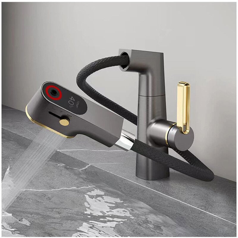 Robinet De Salle De Bain Avec PulvéRisateur Extractible, LED Affichage NuméRique De La TempéRature Rotation à 360 DegréS Robinet D'éVier De Salle De