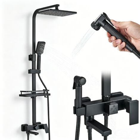 Mitigeur de salle de bains Robinet de douche ABS noir avec grue rotative 15 cm, pommeau carré 290×190 mm rotatif, douche de pluie et pulvérisation
