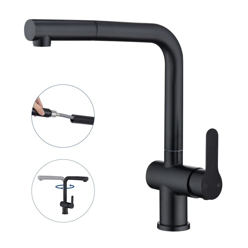 Mitigeur Cuisine avec Douchette Extractible Robinet d'Evier Rotation à 360°Robinet de Cuisine en Acier Inoxydable Noir Mat