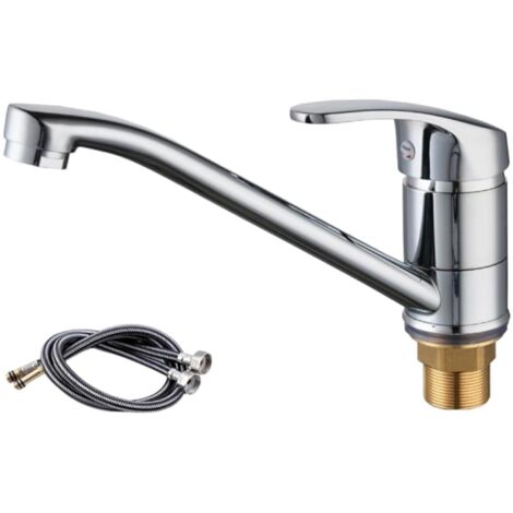 Mitigeur d'évier, pivotant à 360°, eau chaude et froide, laiton chromé, argent, deux tubes de 60 cm