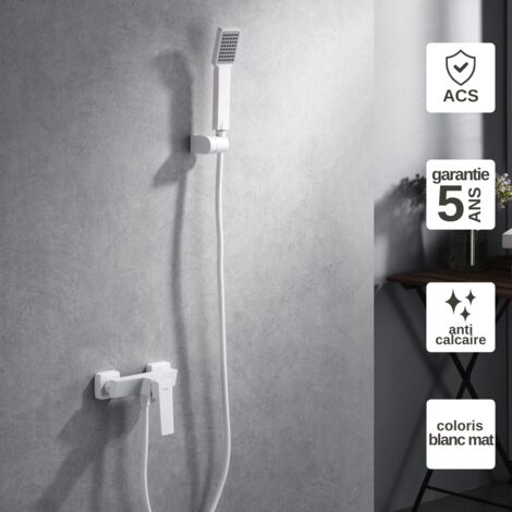 Mitigeur Douche blanc mat Pommeau Anti-Calcaire - Design Moderne et Économie d'eau - Kit Complet ART IMEX