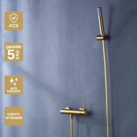 Mitigeur Douche or brossé Pommeau Anti-Calcaire - Design Moderne et Économie d'eau - Kit Complet MONZA IMEX