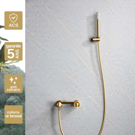 Mitigeur Douche or brossé Pommeau Anti-Calcaire - Design Moderne et Économie d'eau - Kit Complet OLIMPO IMEX