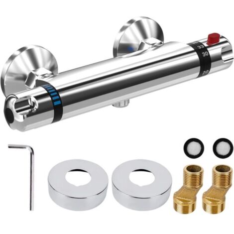 Mitigeur Douche Thermostatique, Douche Robinet Thermostatique avec Serrure Sécurité 38 ℃, Mitigeur pour Douche Murale Laiton, Contrôle de la température (20-50°C), Mitigeur Thermostatique-Crezuo