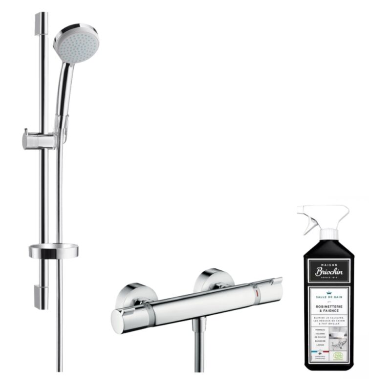 Hansgrohe - Mitigeur douche thermostatique Ecostat Comfort + pack pommeau Crometta 100 + barre de douche 65 cm + nettoyant Briochin