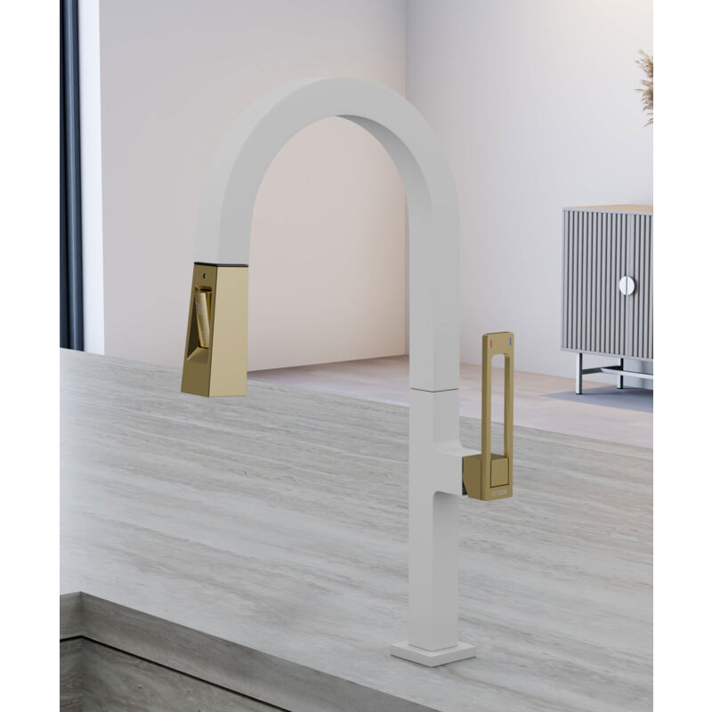 Kroos ® - Mitigeur d'évier haut moderne avec douchette - Blanc, Or