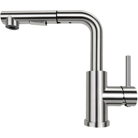 Mitigeur évier cuisine extractible en acier inoxydable, douchette 2 jets, bec rotatif 360°, design L