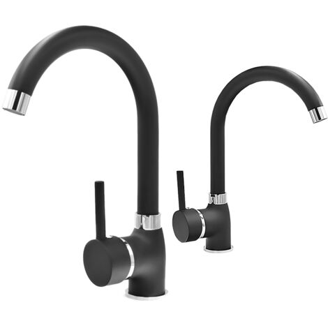 Mitigeur Évier de Cuisine Monocommande Autonome Noir Granitan BETA – Bec Verseur Rotatif à 360° avec Cartouche Céramique et Aérateur Remplaçable M22, Hauteur 300 mm