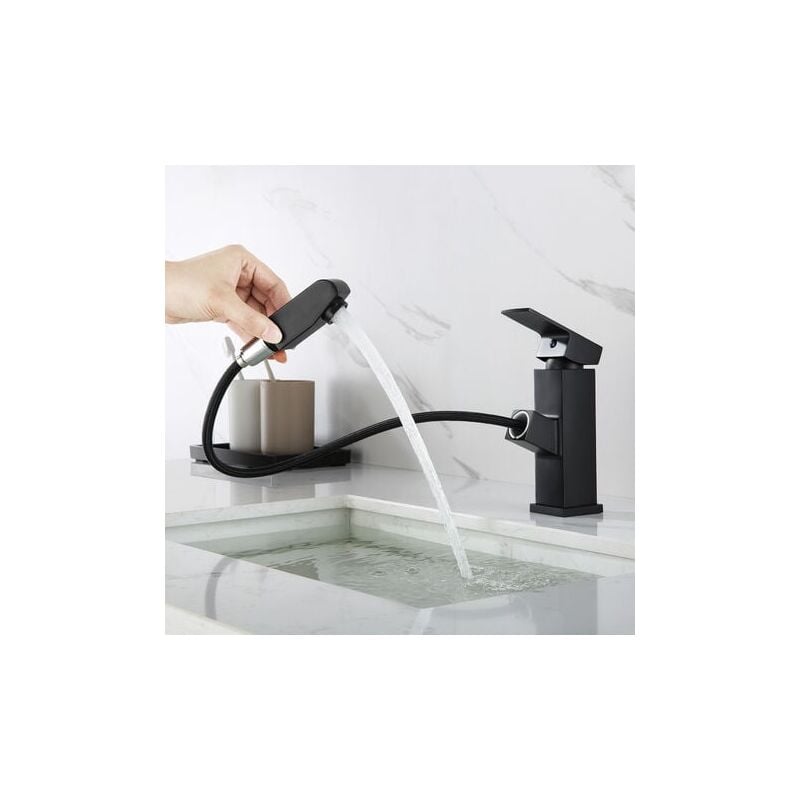 Mowze - Robinet de Lavabo avec Douchette Extensible, D'écoulement aux Choix, Mitigeur Salle de Bains en Laiton Durable, Robinet Noir pour Vasque,