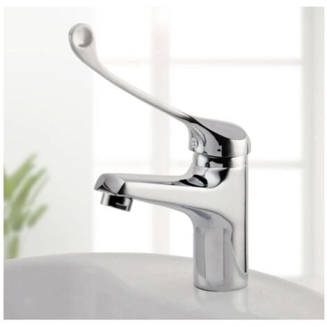 NVEES Mitigeur Lavabo avec Poignée Médicale, Robinet de Salle de Bains PMR, Chromé, Argent Poignée allongée