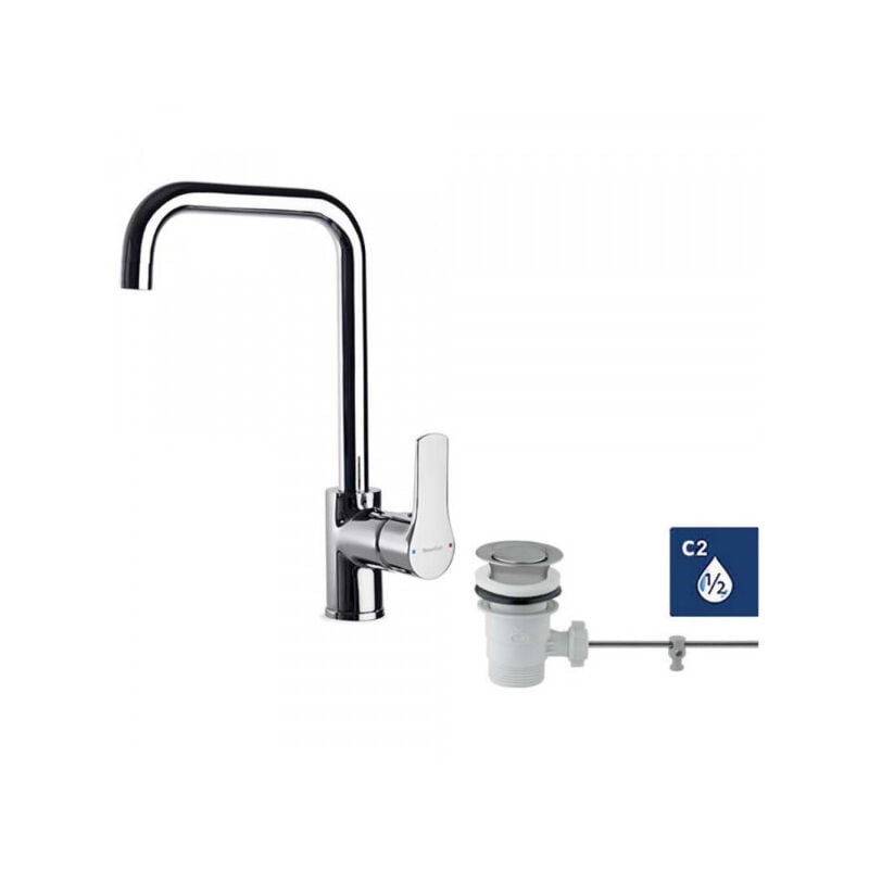 Ramon Soler - Robinet lavabo Mitigeur bec haut Titanium chromé, vidage à tirette