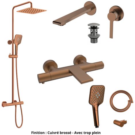 Mitigeur lavabo + Bonde + Colonne de douche + Mitigeur Bain + Support douchette Couleur Cuivre brossé Version Bonde avec trop plein