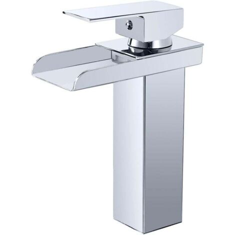 Mitigeur Lavabo Cascade Chromé Robinet Salle de Bain Laiton Bec Hauteur 140mm Eau Froide Chaude