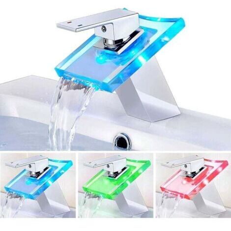 Mitigeur Lavabo Cascade LED Robinet Évier Cuisine Salle de Bains Éclairage Verre Design Moderne