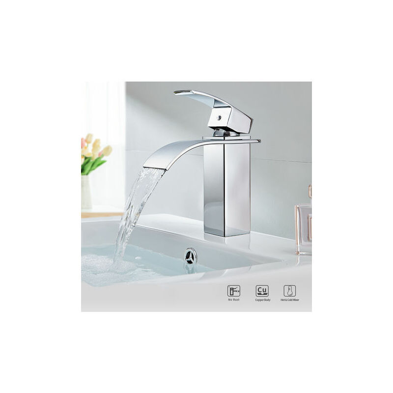 Mitigeur Lavabo Cascade Monocommand Robinet pour Lavabo et Vasque Salle de Bain Robinetterie Mitigeur Eau et Froide Laiton ChroméLATATTA