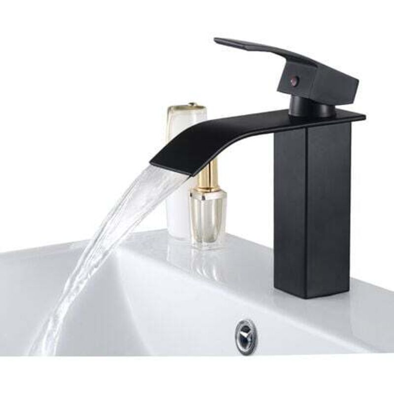 Mitigeur Lavabo Cascade Noir Moderne Robinet pour Lavabo et Vasque Salle de Bain Robinetterie Mitigeur Eau et Froide