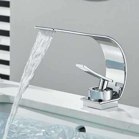 Robinet de lavabo cascade, ENGiNDOT robinet salle de bain, l’eau froide et chaude disponible, Mitigeur lavabo robinetterie Dbwf01f