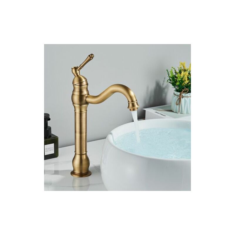 Mitigeur lavabo de salle de bain dore en laiton antique - Robinet de lavabo haut rotatif à 360° - Robinets de lavabo rétro - Mitigeur monocommande