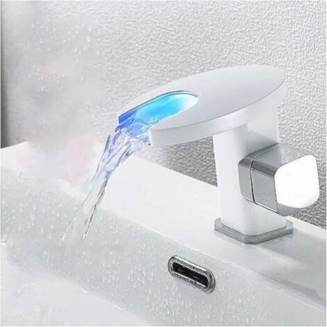 Mitigeur Lavabo LED Robinet Salle de Bain Robinet Lavabo en Laiton Robinetterie Vasque Monté sur Le Pont Robinet Vasque avec Eau Chaude et Froide,Blanc