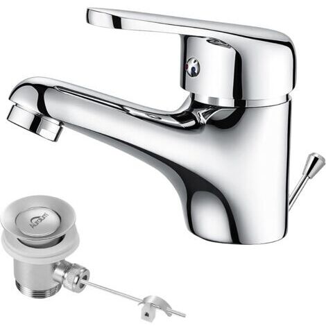 Mitigeur Lavabo Monotrou avec Tirette de Vidage, Bonde Incluse, Robinet Salle de Bain Chromé Robinetterie en Laiton Mousseur Démontable